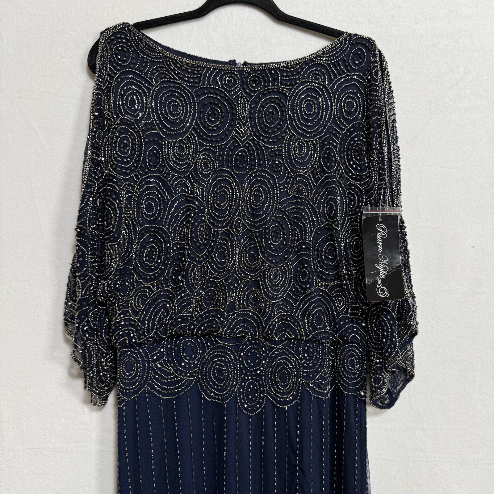 Pisarro Nights Size 16 Beads Blouson Gown Cold Shoulder 3/4 Split Sleeve NavyNWT