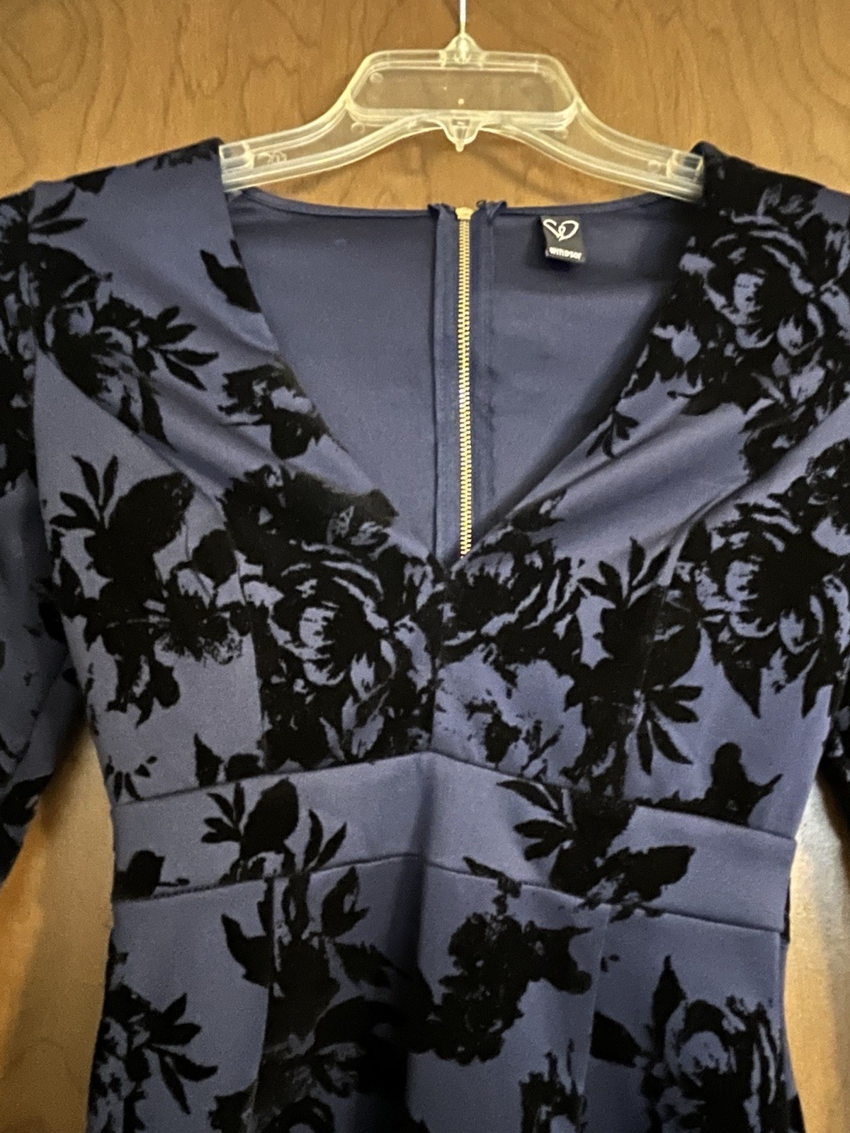 Windsor Blue Black Floral Velvet V-Neck Long Sleeve Bodycon Short Dress S