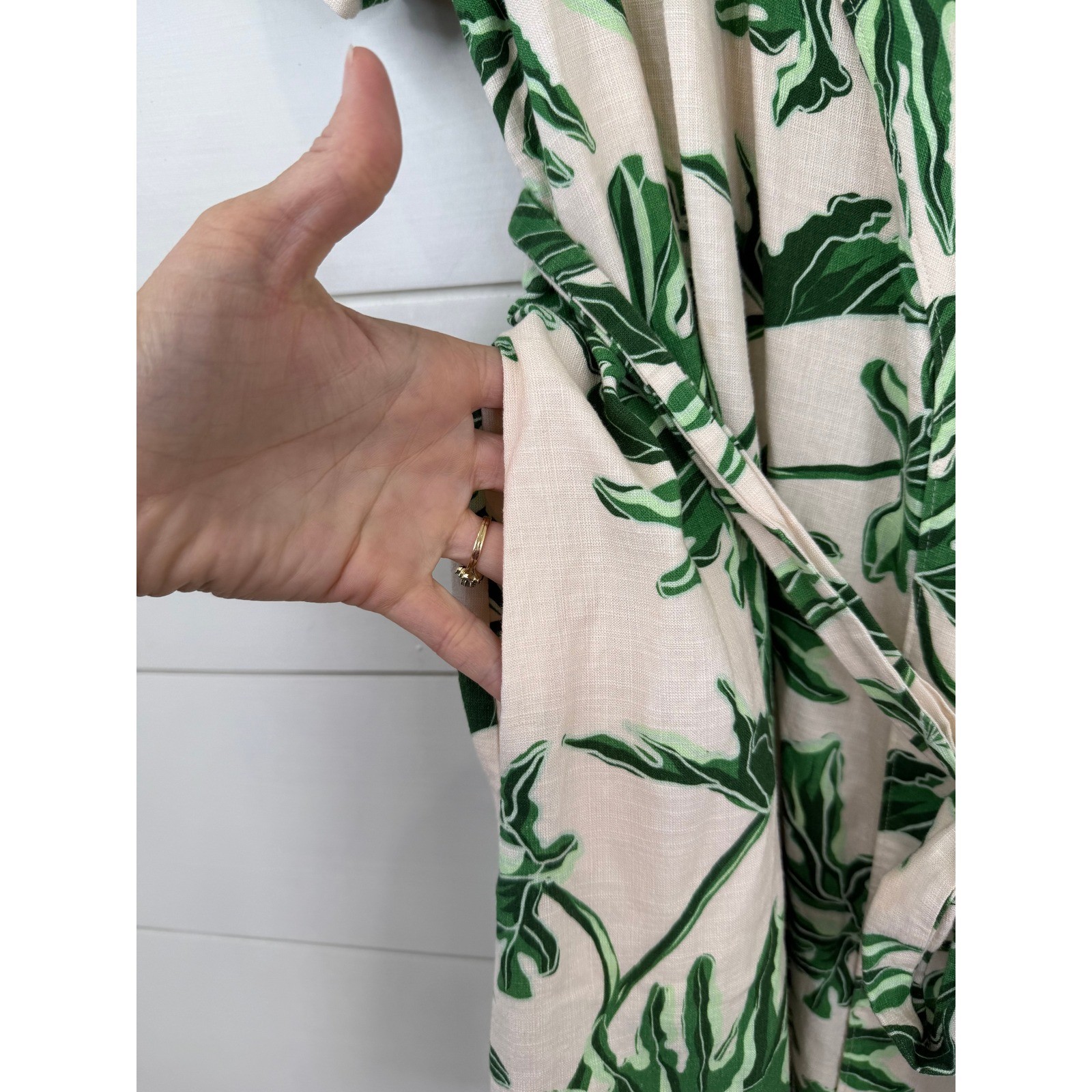 Emily McCarthy Wrap Dress Women Large Green Tropical Palm Leaf Linen COASTAL