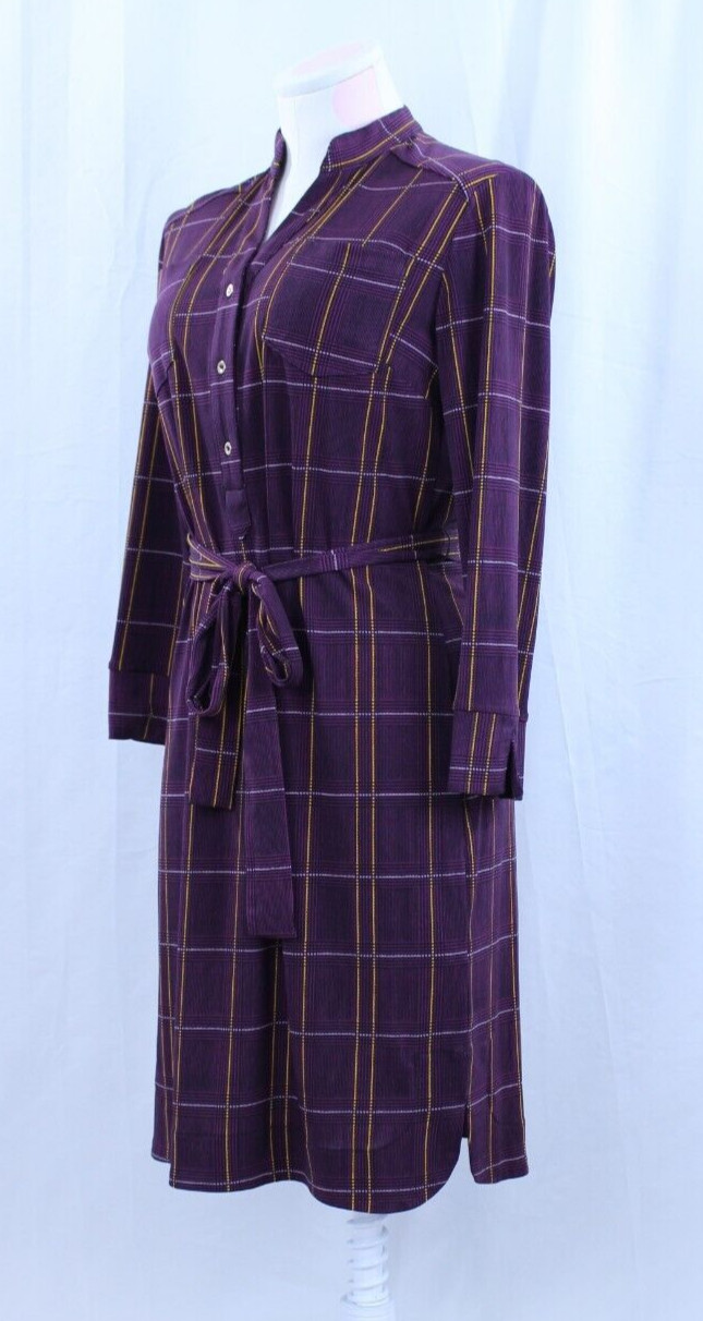 Donna Morgan Dress Purple Yellow Plaid Chest Pockets Waist Tie Buttons Sz 4