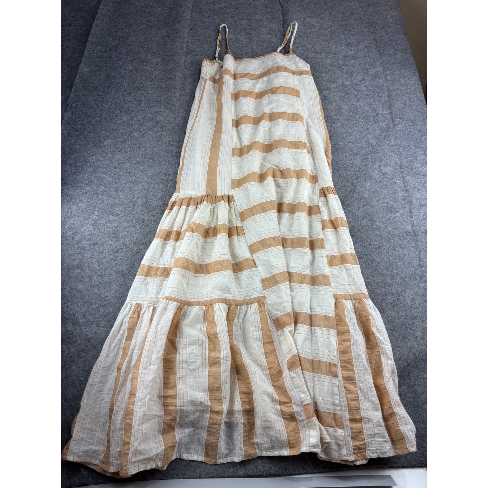 Pookie & Sebastian Tan Striped Tiered Maxi Dress Smocked Boho Coastal Womens S