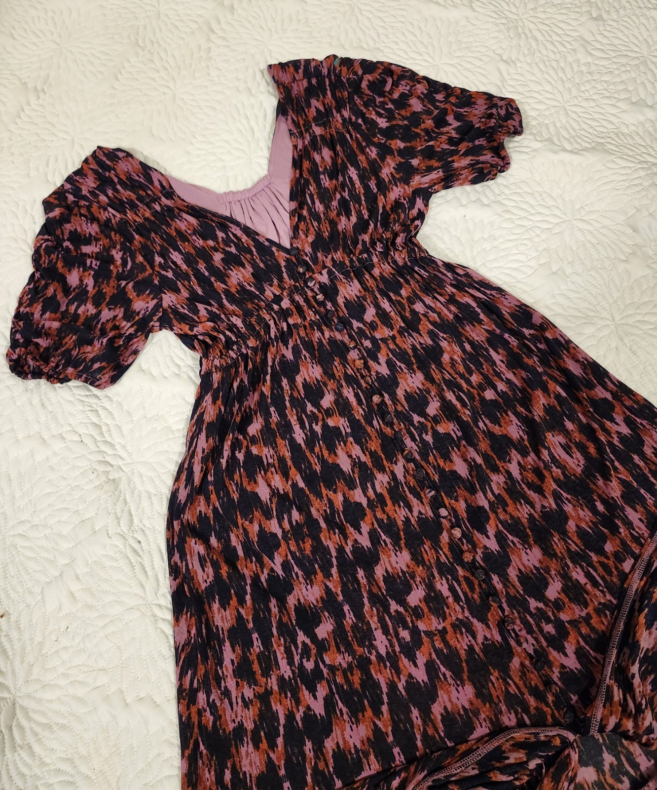 Anthropologie Purple Printed Ruched-Sleeve Mesh Lined Maxi Dress Petites Sz S