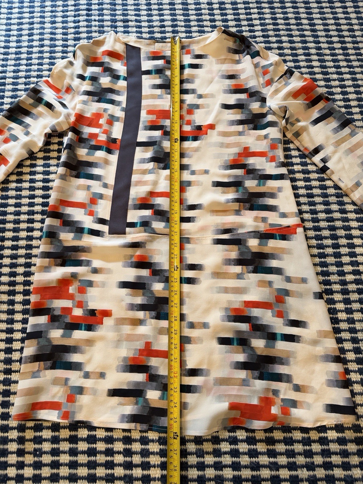 Vintage Cacharel Pixel-Print Long Sleeve Shift Dress in Ivory, Red & Navy Sz 12
