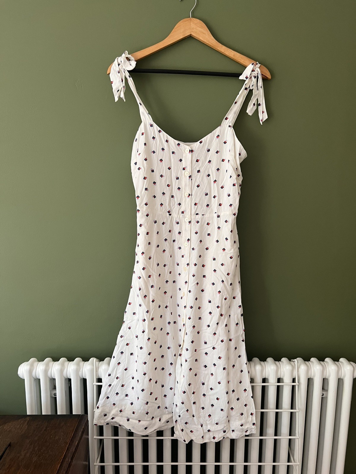 GAP White Tie Shoulder Geometric Pattern Button Front Midi Sundress Summer Dress