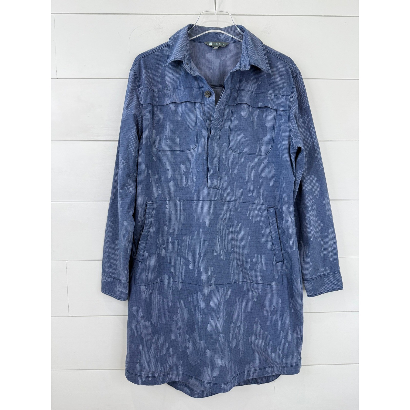 Title Nine WREN Pullover Camo MINI Dress Women L Blue Utility SHIRT DRESS MIKU