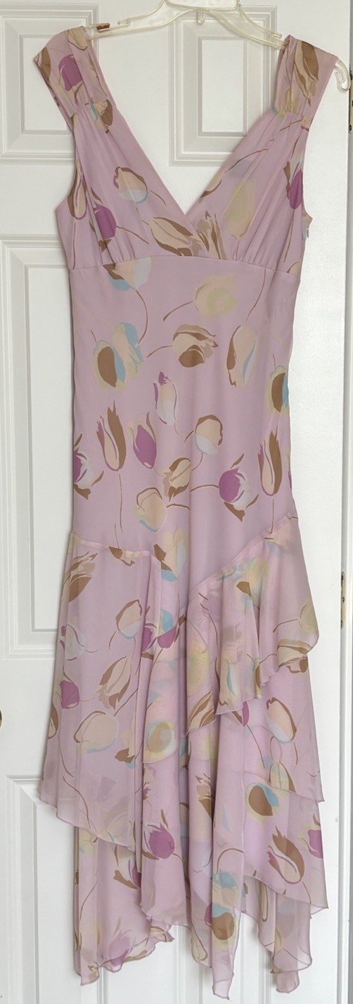Max & Cleo Pink Floral Silk Chiffon Ruffle V-Neck Sleeveless Midi Dress 10