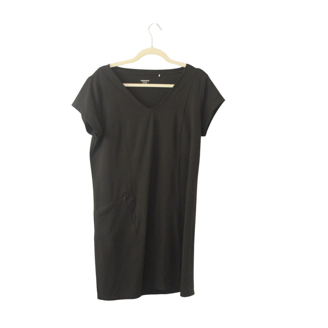 Toad & Co Womens V-Neck T-Shirt Dress Black Organic Cotton Spandex Midi Large