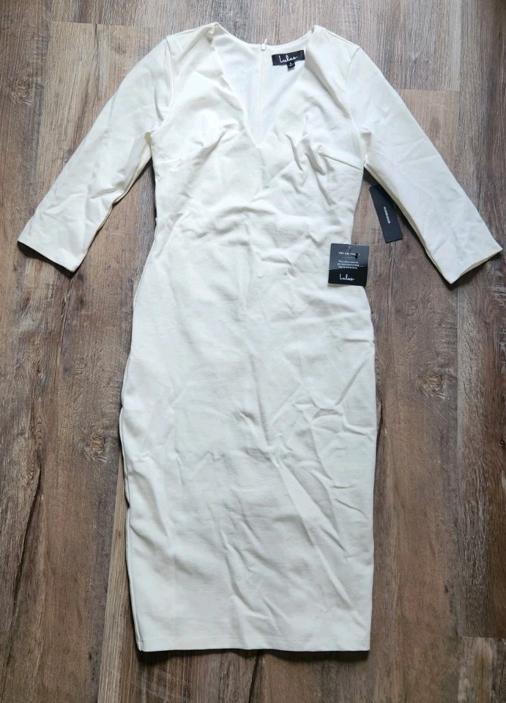 LULUS Style and Slay Bodycon Winter White Midi Dress Lined Back Slit NWT
