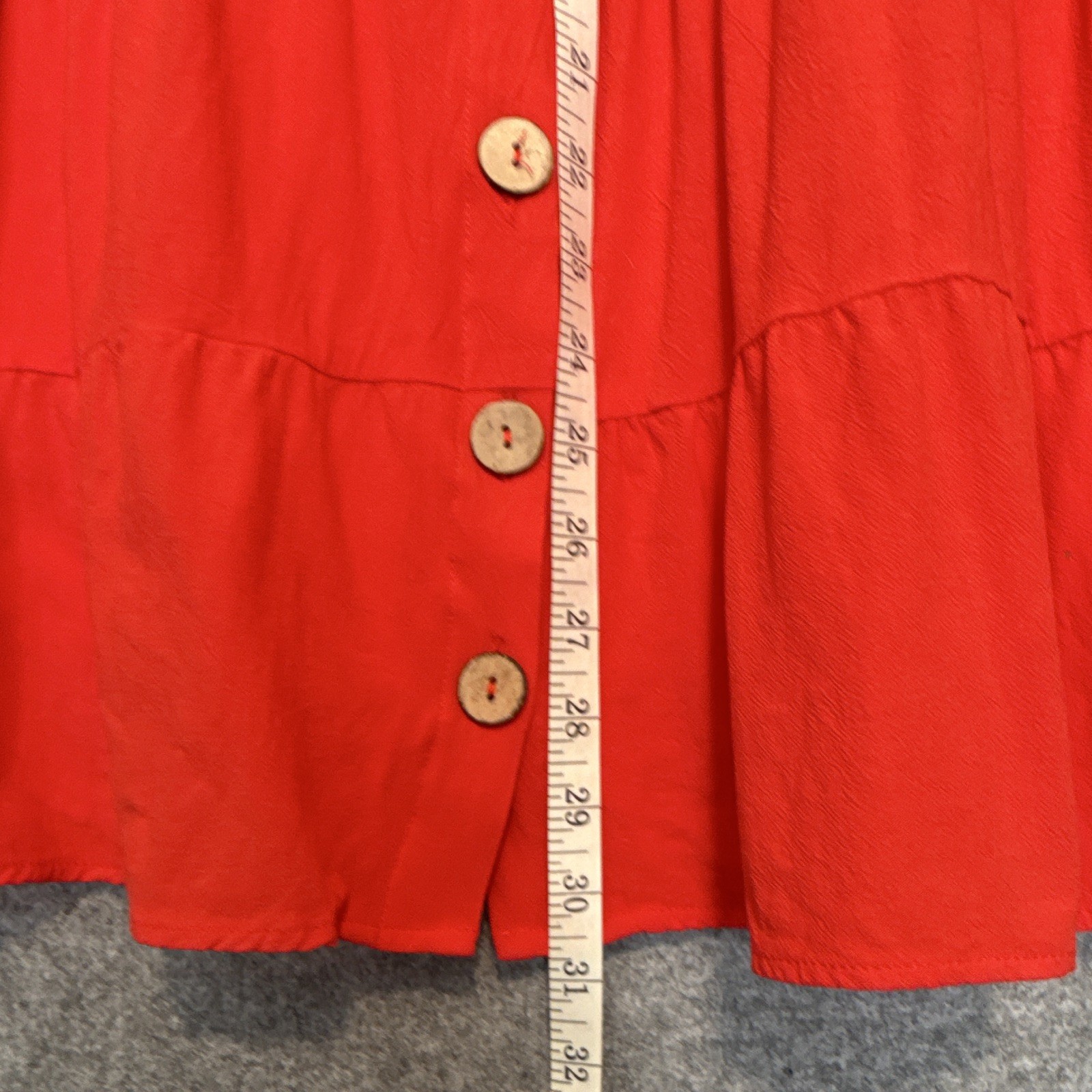 Loveriche Women’s Red Solid V-Neck Flutter Sleeve Button Tiered Mini Dress S