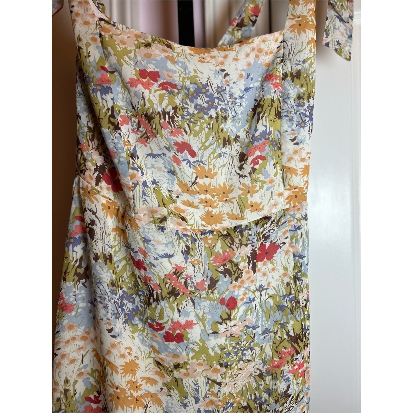 Lulus Summer Invite White Multi Floral Tie-Strap Tiered Midi Dress Small New