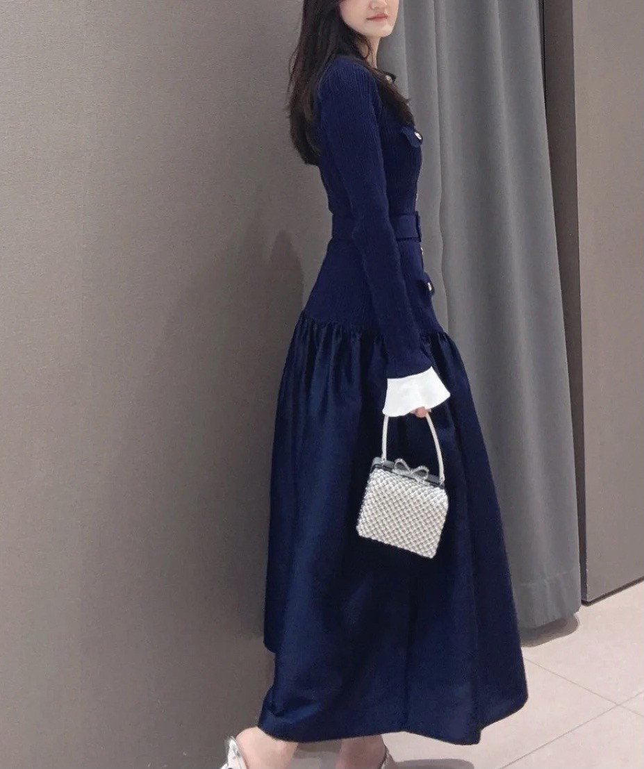 Self-Portrait Womens Autumn Winter New Temperament Knitted Satin Dress