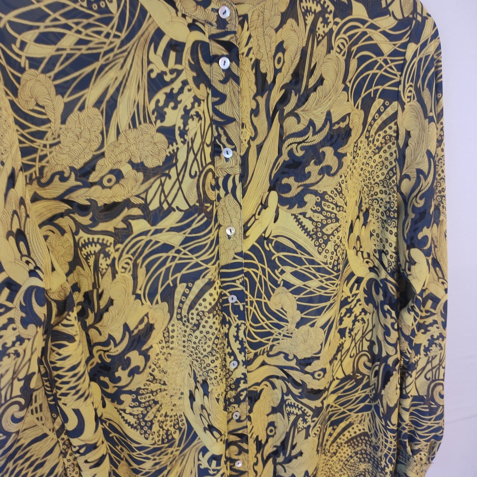 HM Womens Yellow Black Graphic Print Button Down Shirt Dress Size 12 Long Sleeve