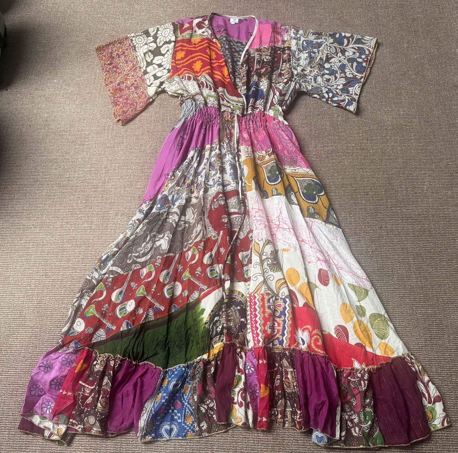 Recycled OOAK Sari Fabric Patchwork Boho Festival Maxi Dress M/L UK 12-16