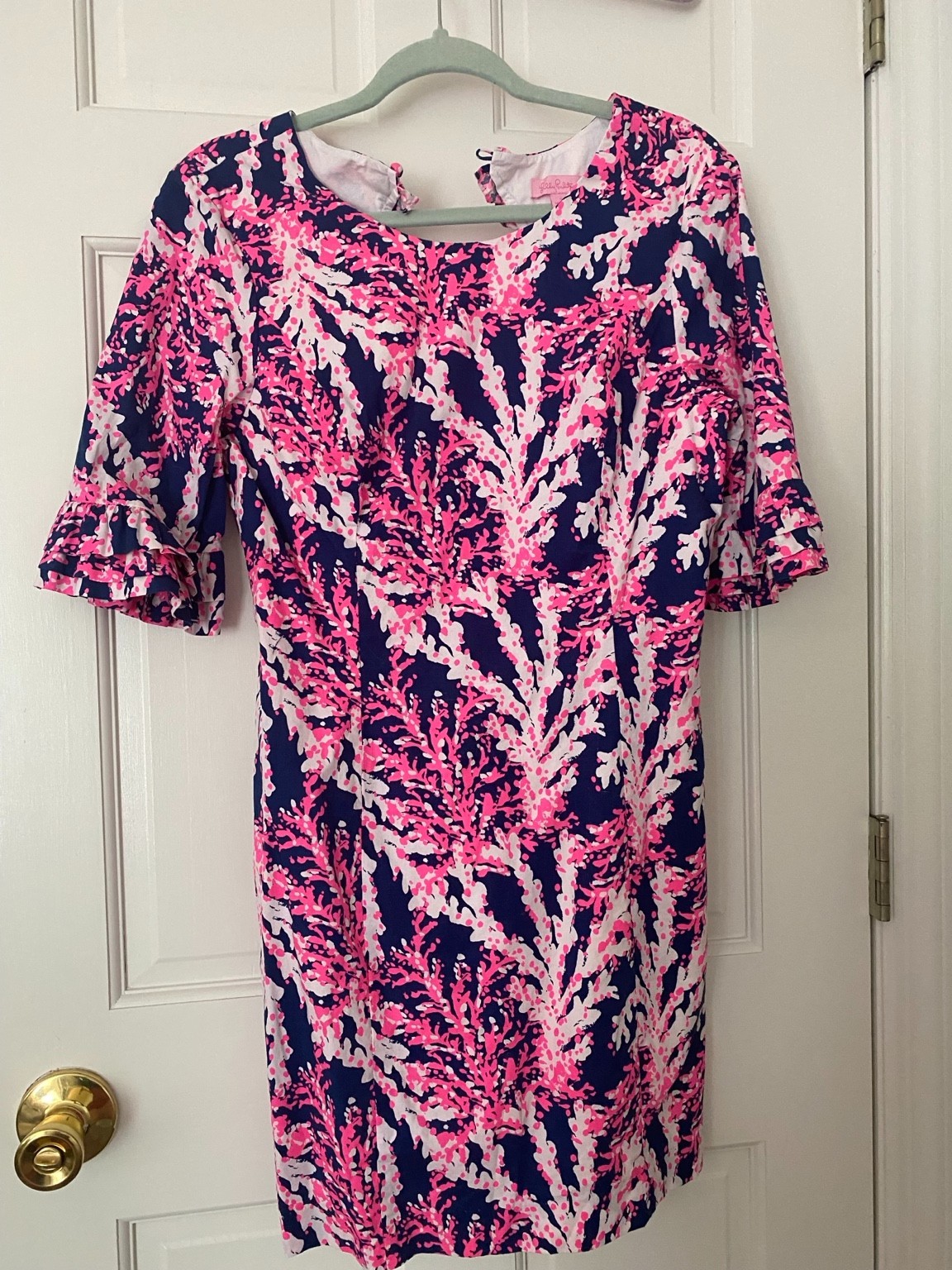 Lilly Pulitzer Dress Size 8 Pink Navy Coral Print Ruffle Bell Sleeve Shift