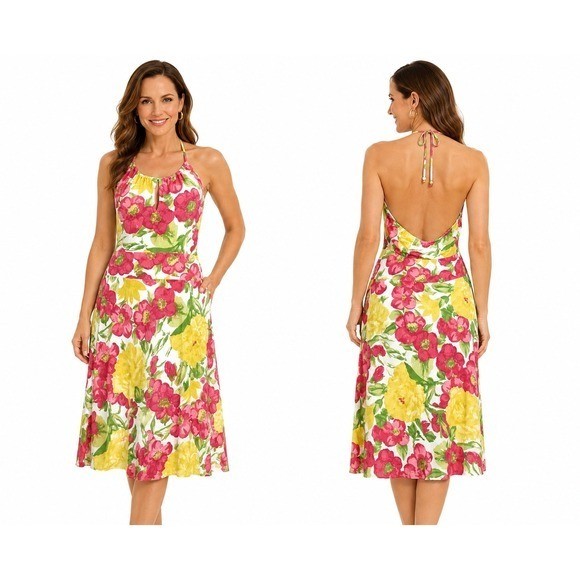Ann Taylor Loft Silk Floral Halter Midi Dress Pink Yellow Size 16 Open Back