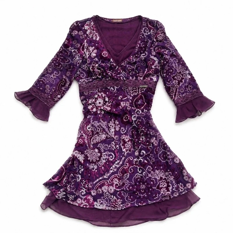John Galliano Purple Velvet Burnout Floral Mini Dress Size IT 40 / UK 8