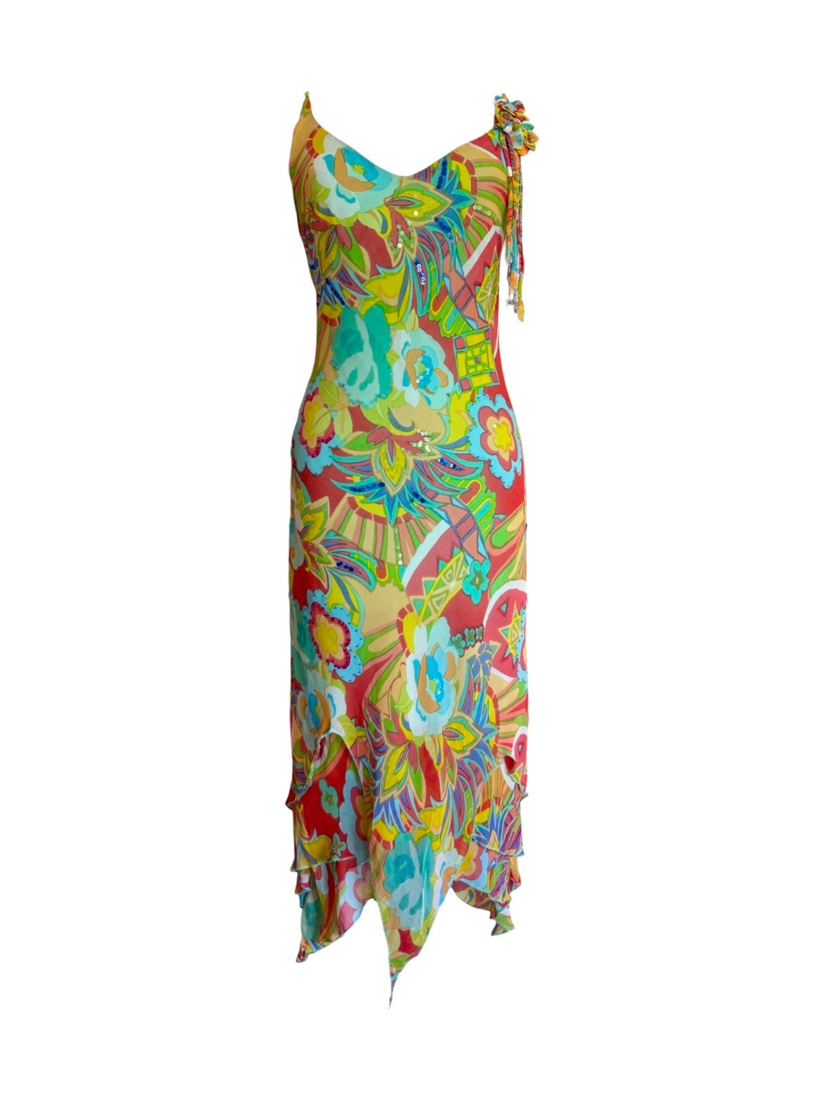 Rene Derhy Vivid Multicolour Sequinned Floral Appliqué Dress S