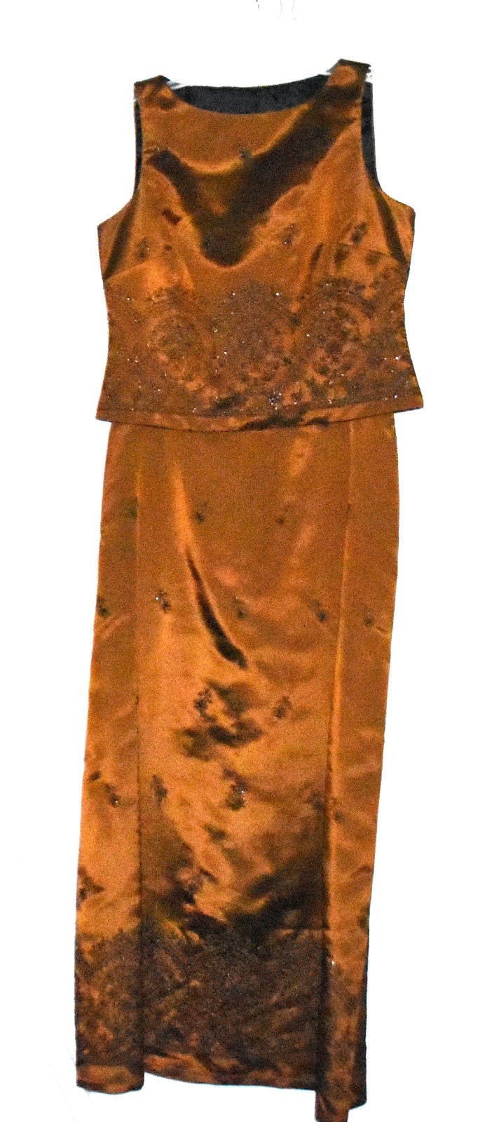 JR Nites Caliendo Brown with Floral Beads 2 Pc Top Maxi Skirt Size 8P USA NWOT