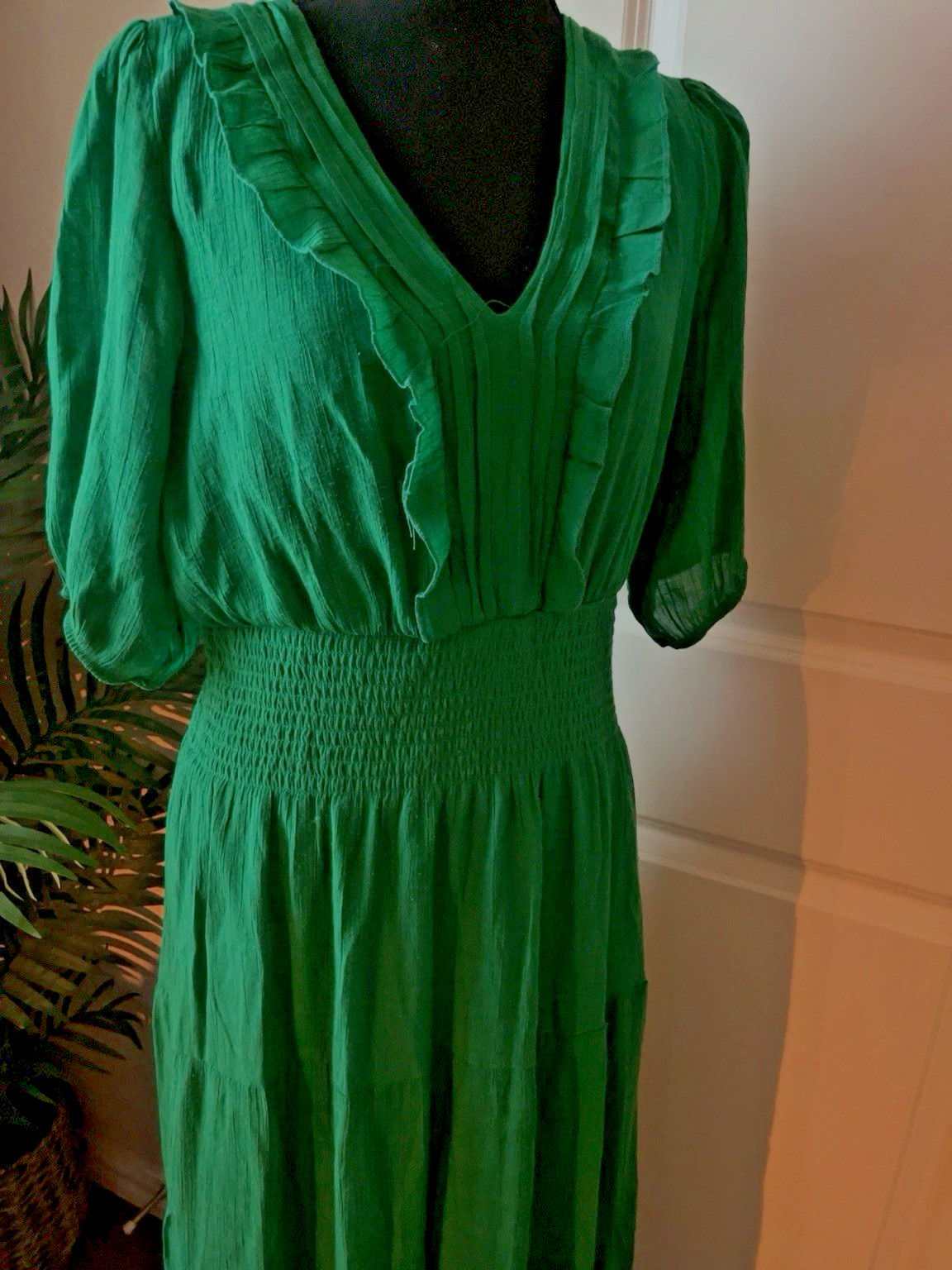 J Gee Emerald Green Smocked Midi Dress Puff Sleeve Ruffle Tiered Boho XL