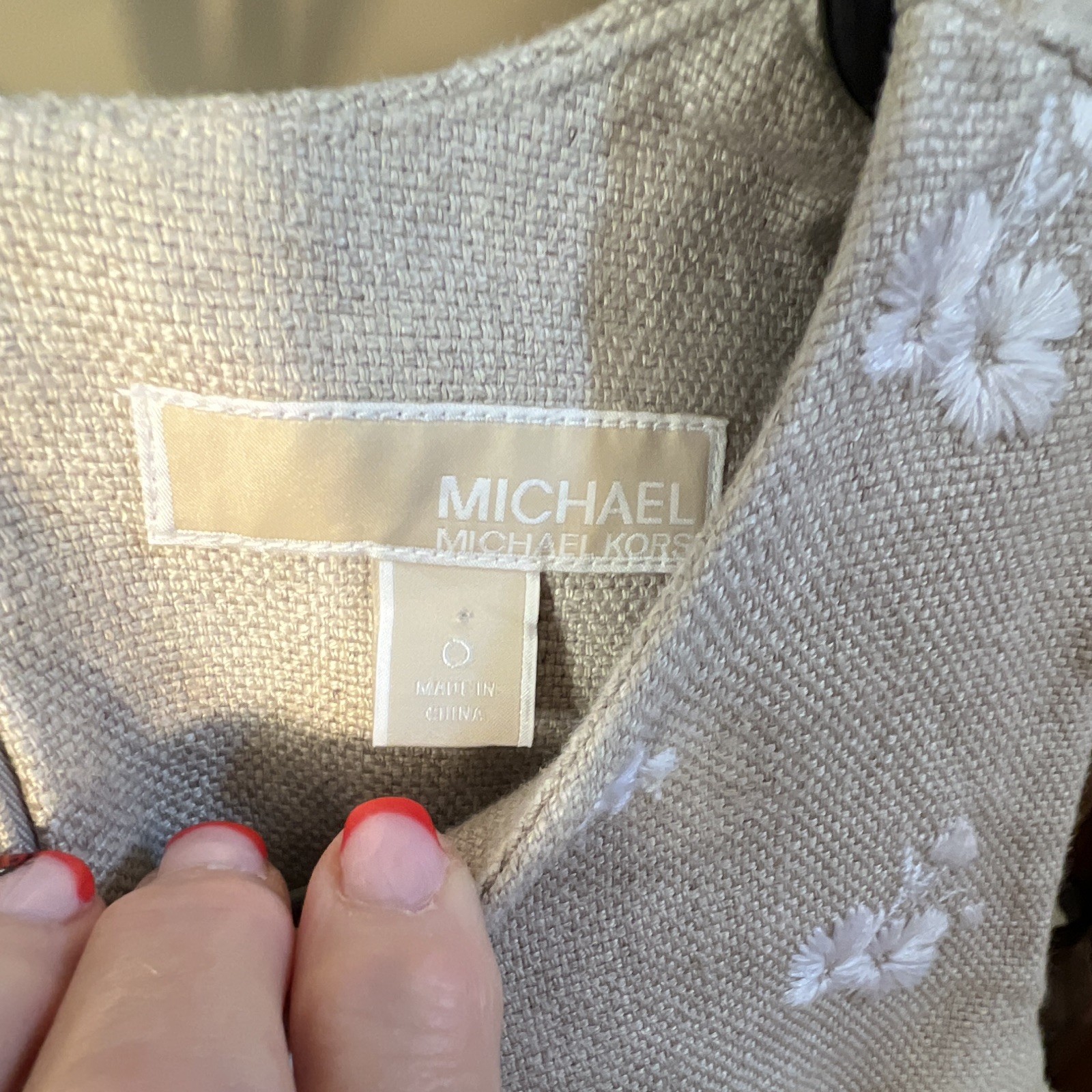 Michael Michael Kors Beige Linen Embroidered Floral Sheath Dress Sleeveless 0