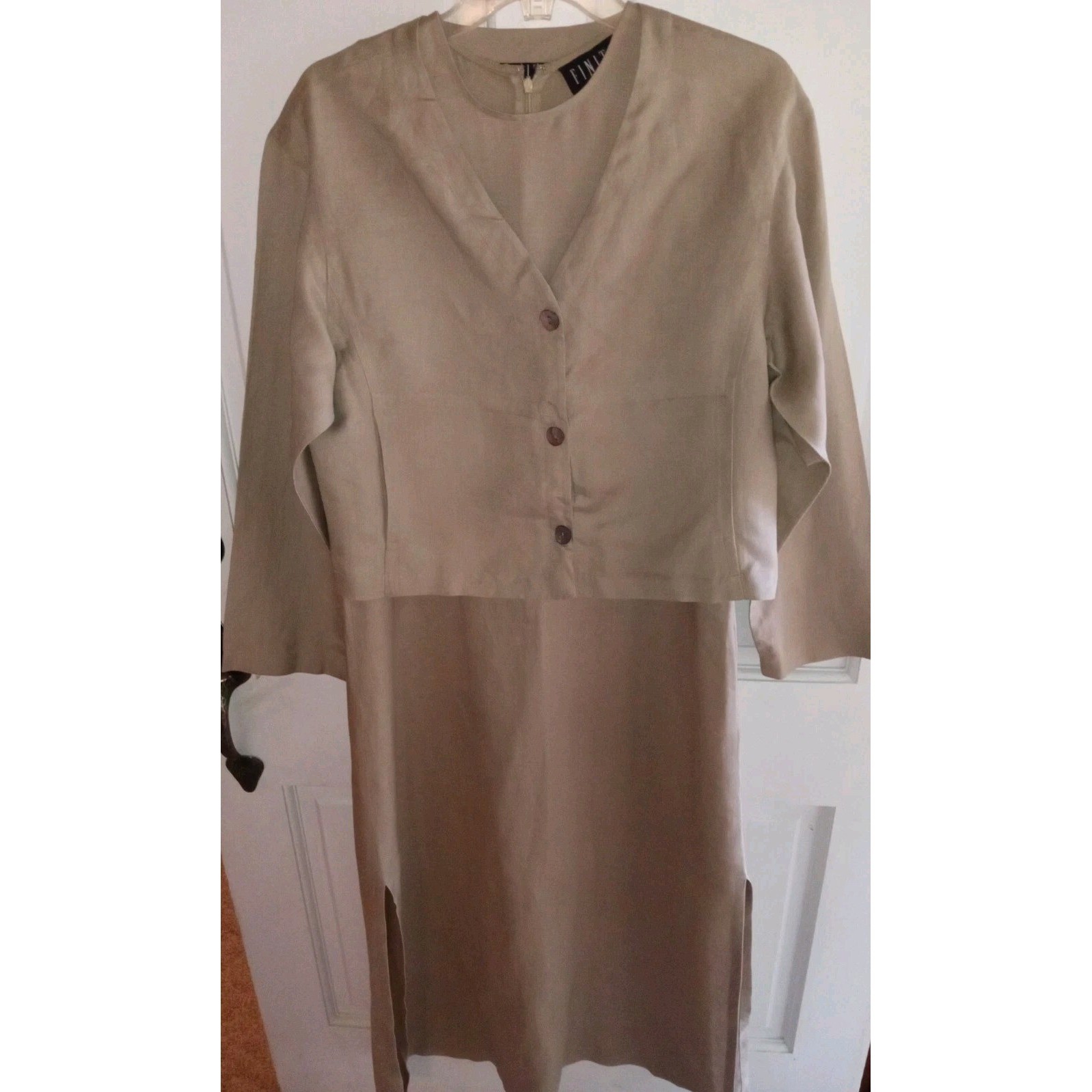 Finity Womens 2 Piece Linen Rayon Dress Set Tan Khaki Jacket & Sleeveless Midi 8