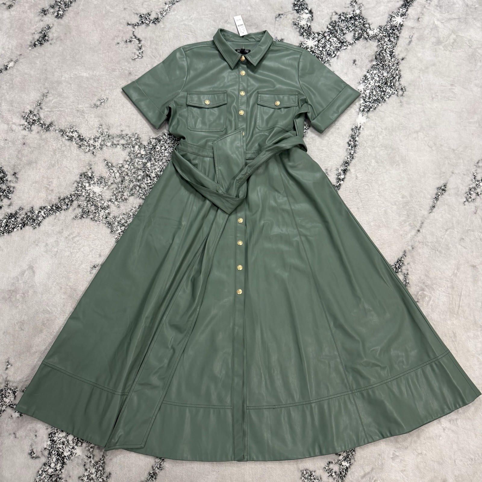 J Crew Faux Leather Shirt Dress Womens Sz 12 Green Belted Midi Gold Button NWT