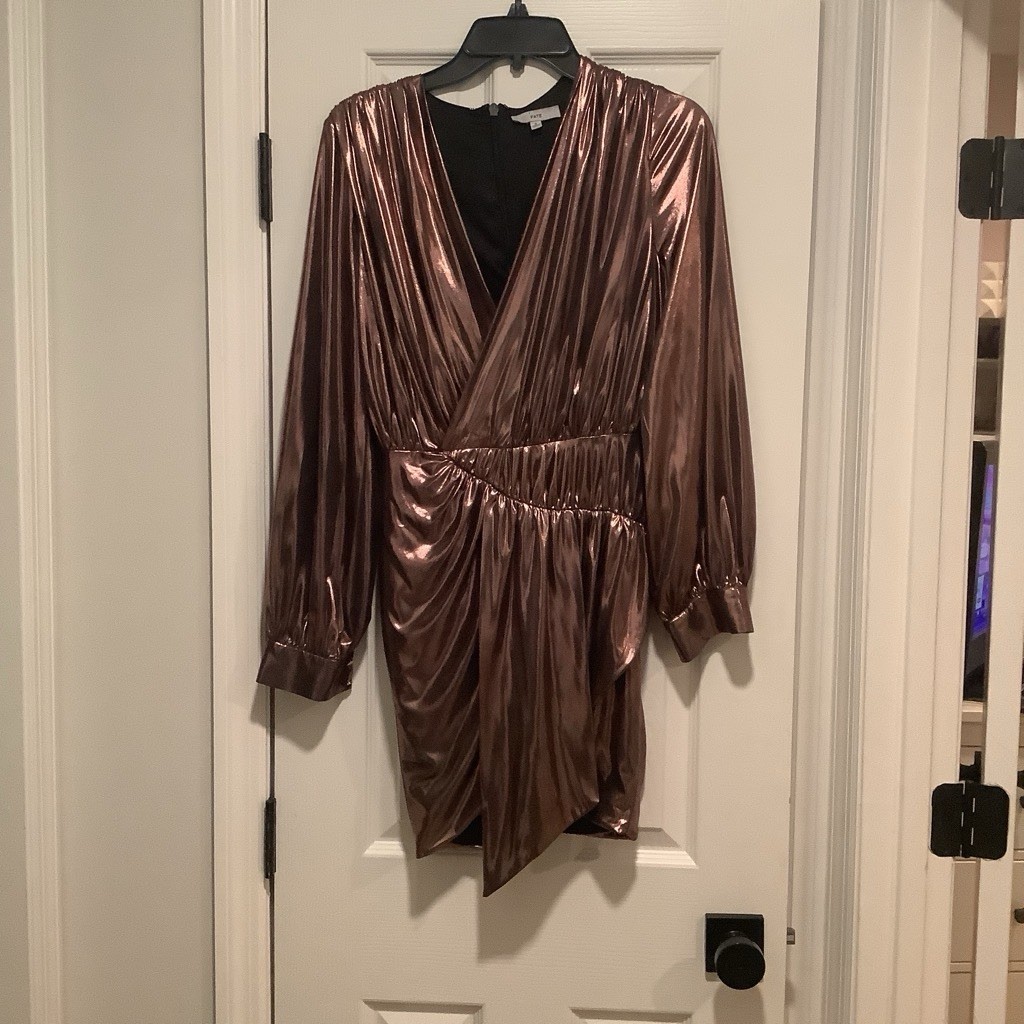 Small Pink Rose Gold Metallic Ruched Plunge Neck Long Sleeve Wrap Cocktail Dress