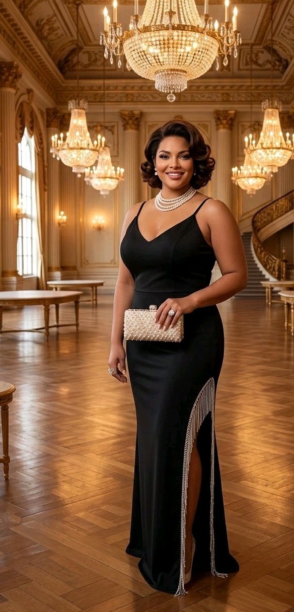 Black V-neck Bodycon Dress with Rhinestone Fringe Trim XL