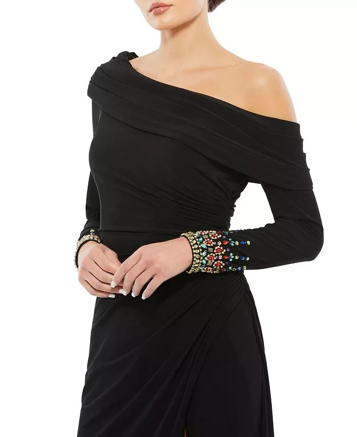 Mac Duggal Black Multi Color Beaded Cuff Drop Shoulder Gown Size 16 $398