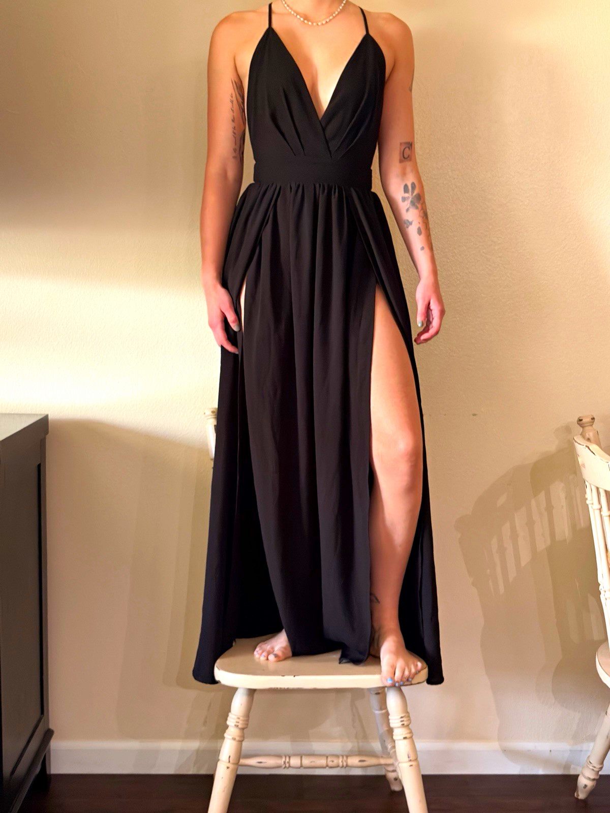 Women’s Black Solid Maxi Dress S Regular V-Neck Spaghetti Strap Backless Slit