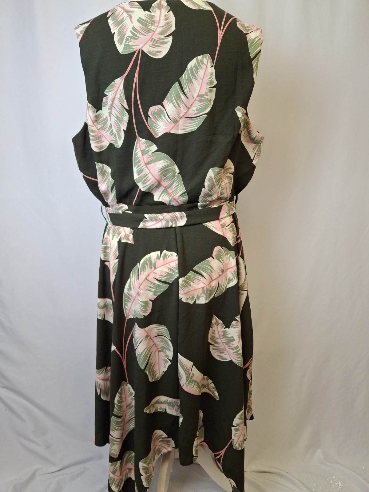 Principles Womans Khaki/Pink Palm Leaf Midi Dress Handkerchief Hem UK20 L3625