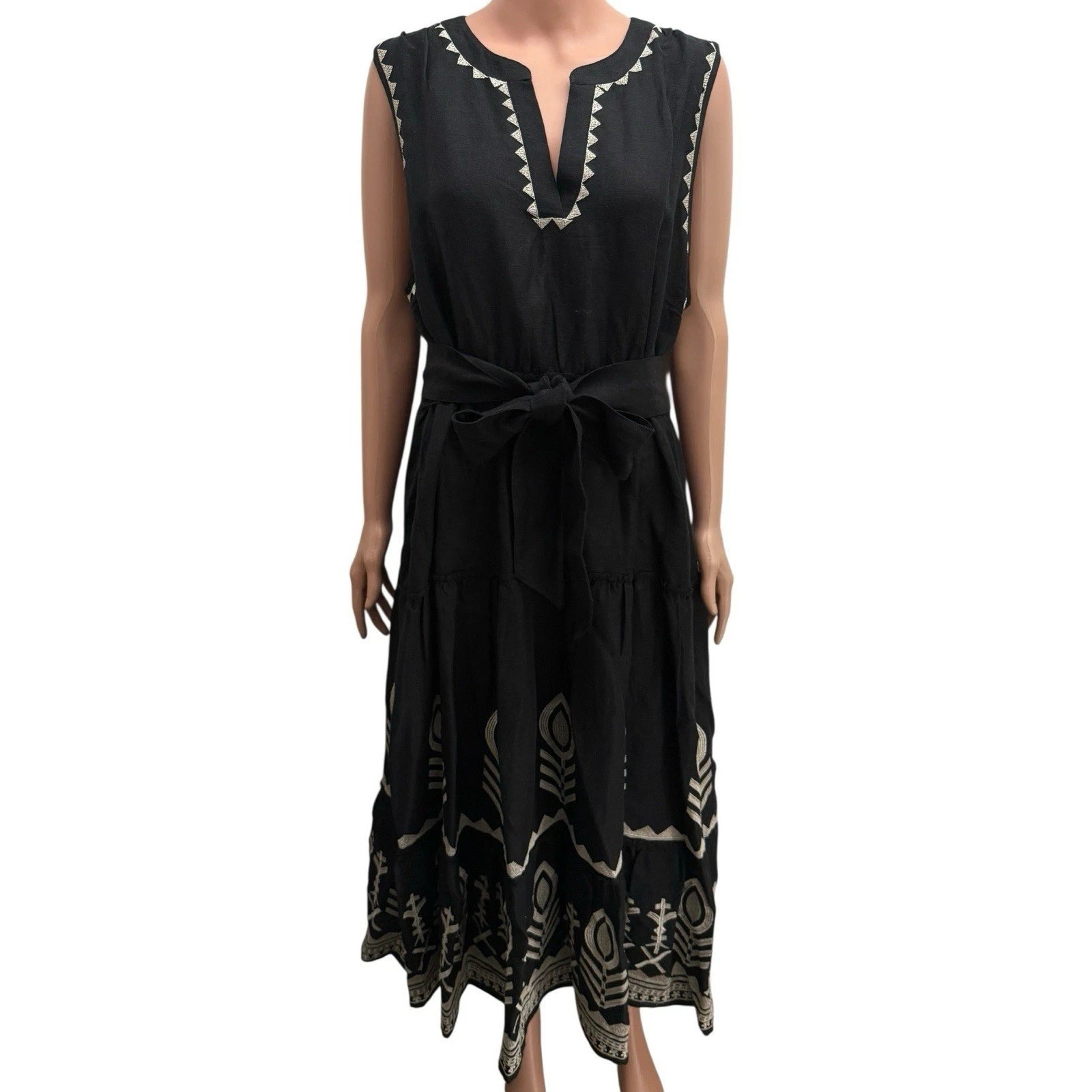 Soft Surroundings Midi Dress Womens PXL Black Embroidered Linen Blend Sleeveless