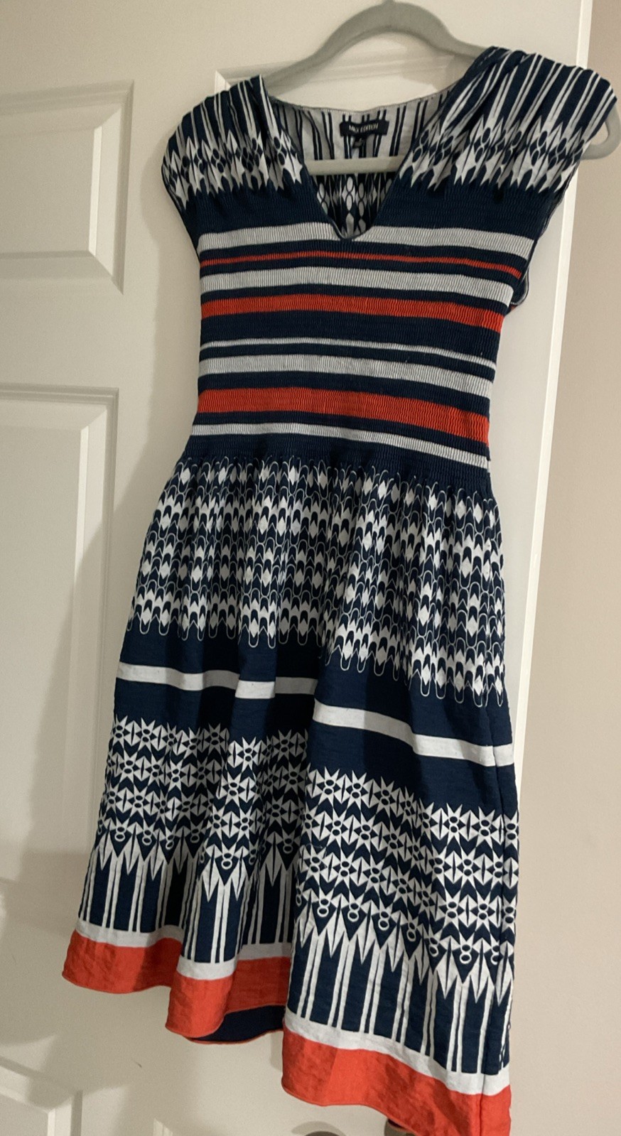 Max Edition Women’s Petite Fit & Flare Dress Geometric Navy/White/orange Small