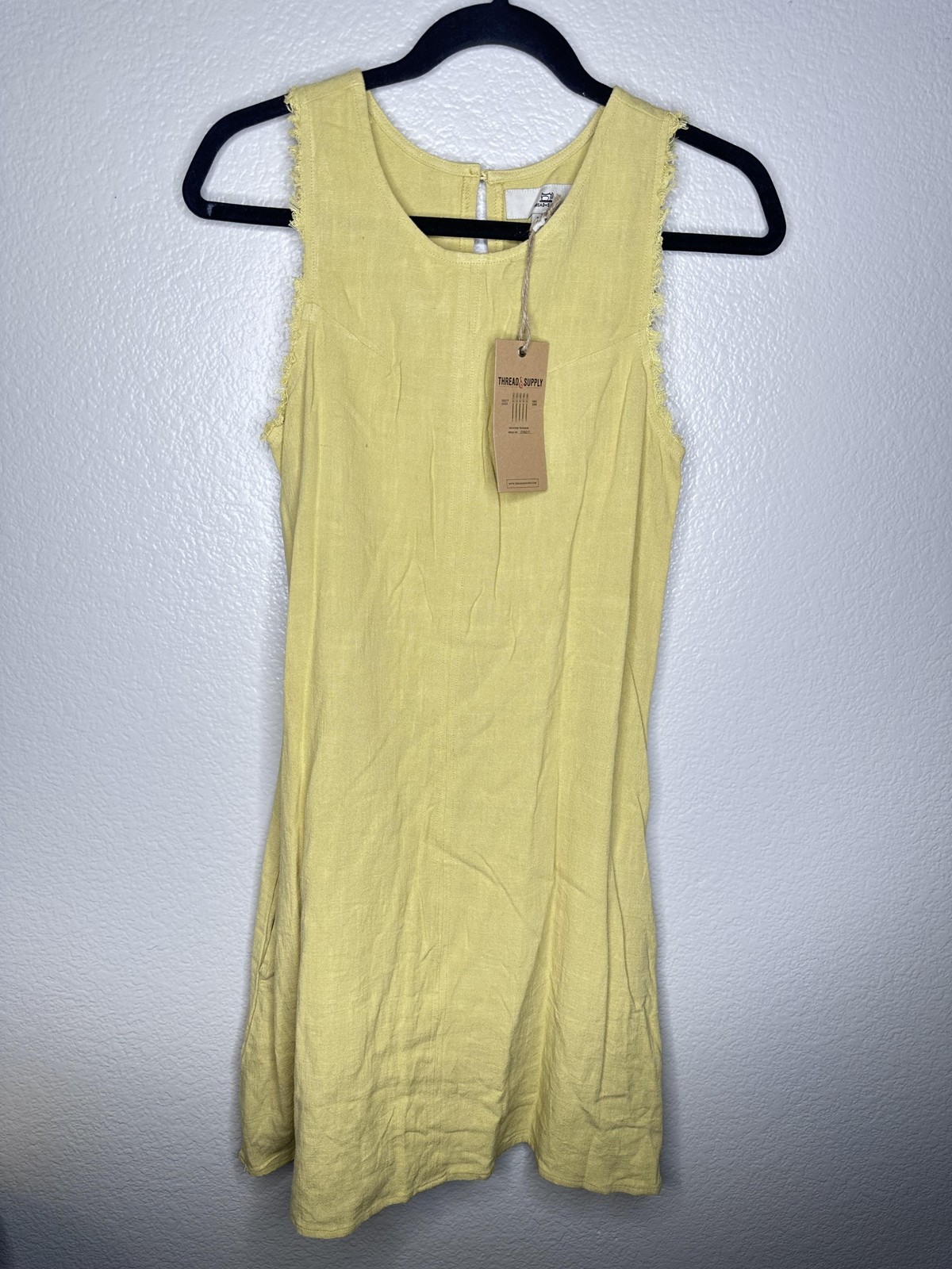 Thread + Supply Dress Womens Small Yellow Linen Sleeveless Shift Fringe Pockets