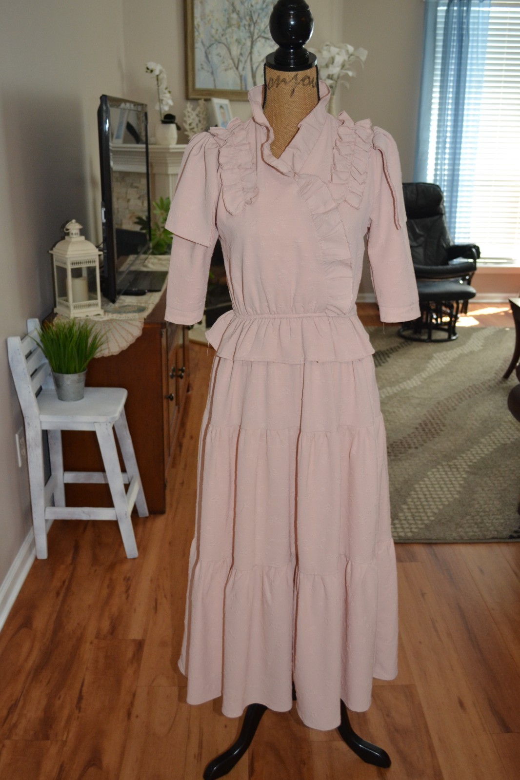 Ladida Powder Pink short sleeve Ruffle Embroidered Tiered Romantic Midi Dress S
