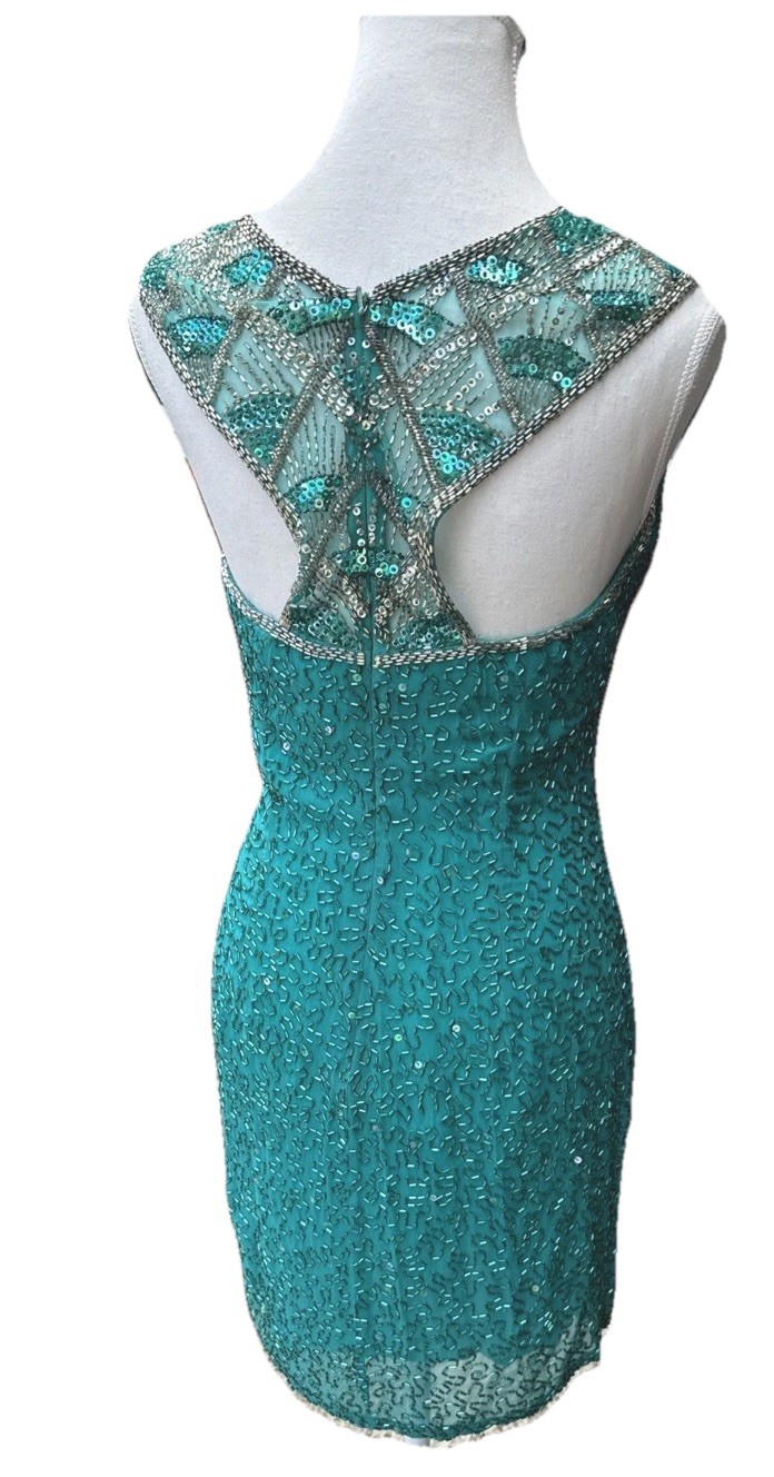 Cache Beaded Sequined Teal Formal Evening Dress Sz 8 Party 90s Y2K Flapper NYE