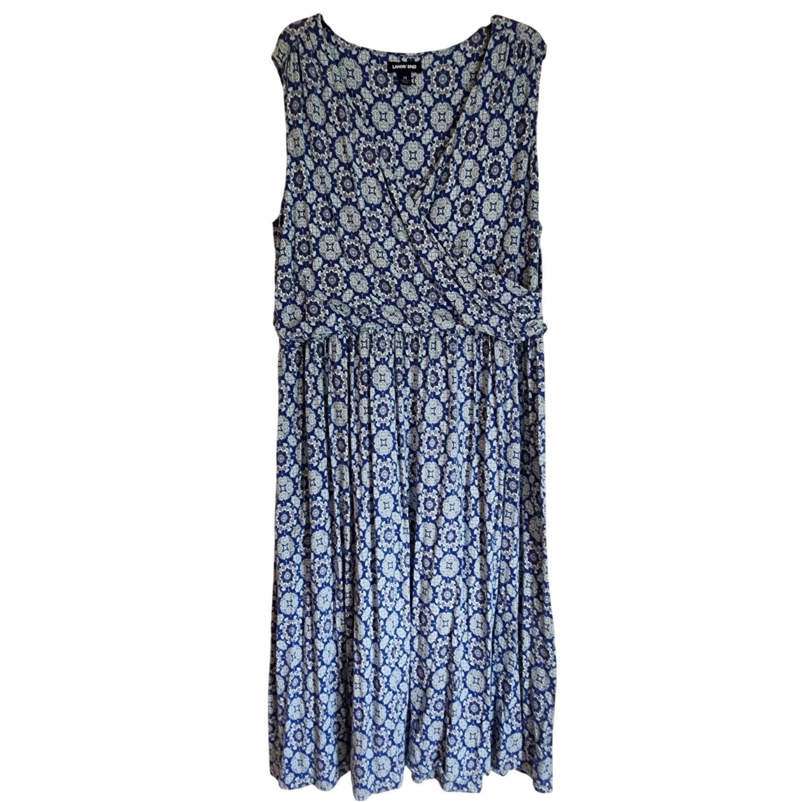 Lands End 2X 20W 22W Faux Wrap Maxi Long Dress Blue White Print Sleeveless