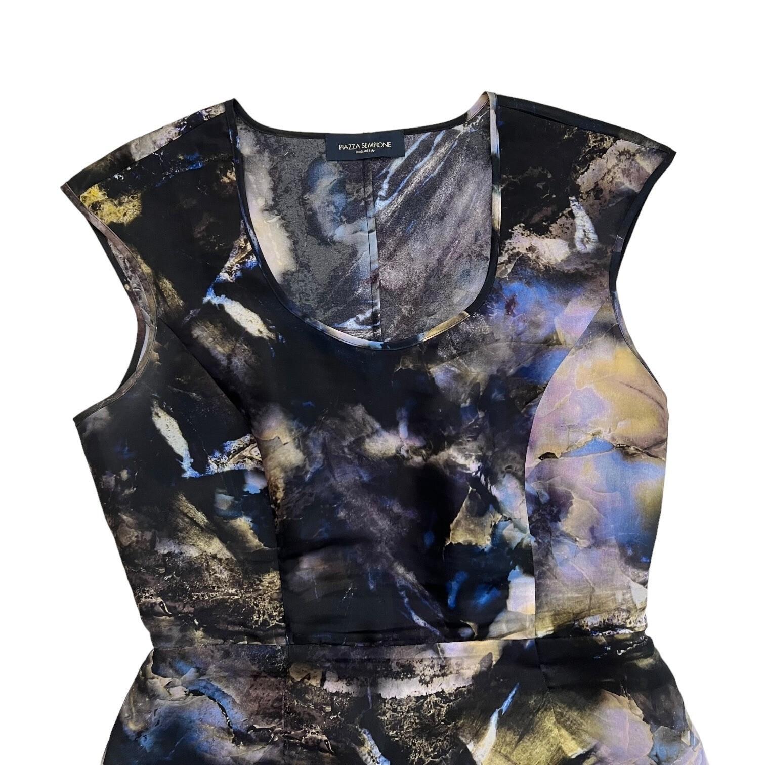 Piazza Sempione Marble Print Cap Sleeve Silk Sheath Dress Blue Black IT 42 US 6