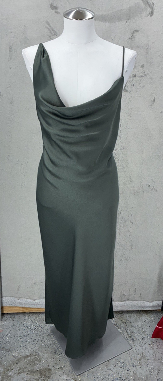 BHLDN August Satin Slip Dress 14 Moss Green Draped Cowl Charmeuse Quiet Lux