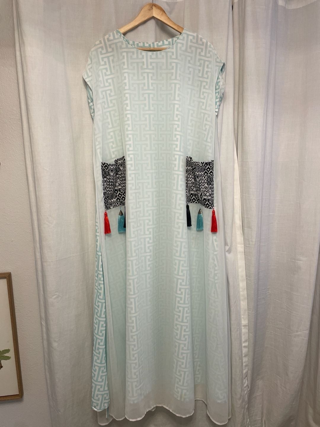 Mint Green Greek Key Sheer Maxi Kaftan Dress with Tribal Tassel PocketsBoho-chi