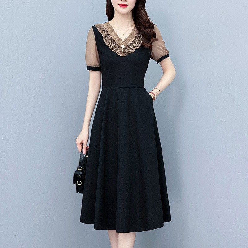 Office Dress Women Short Sleeve Midi High Waist V-Neck Business Formal Work