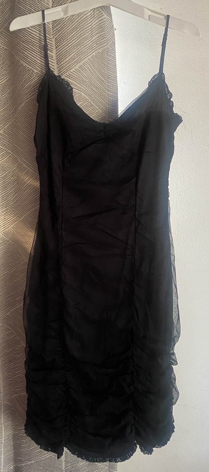 Betsey Johnson Black Label Vintage 90s Ruched Ruffle Mesh Lace Dress Sz M