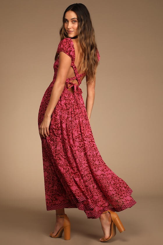Free People Ultraviolet Smocked Lace-Up Maxi Dress Raspberry Burgundy Floral