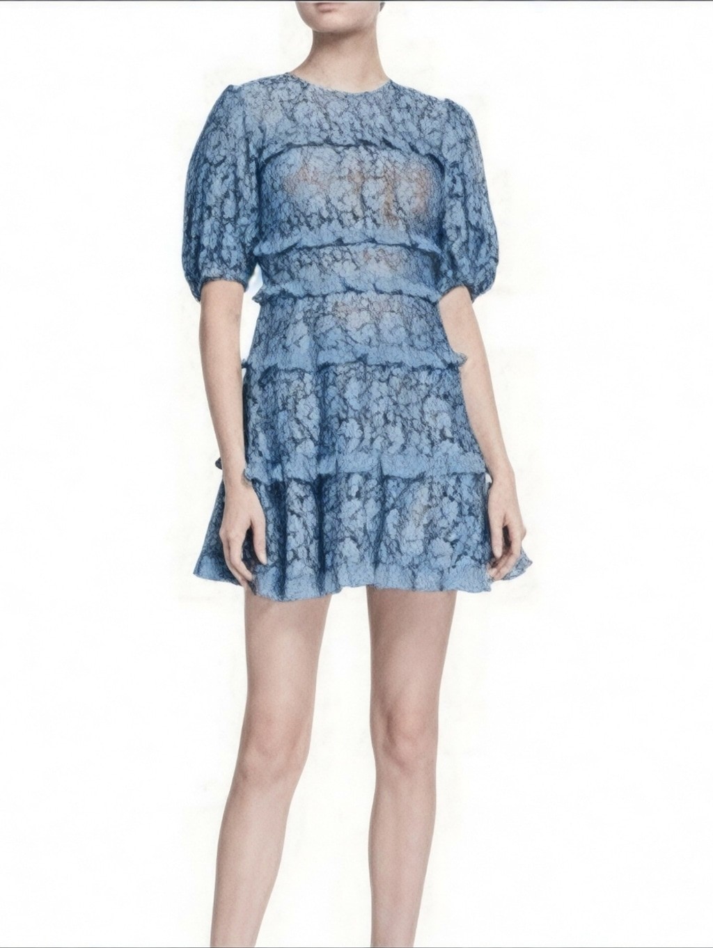 EUC Michael Kors Blue Lace Puff Sleeve Tiered Mini Dress – Women’s Size 4