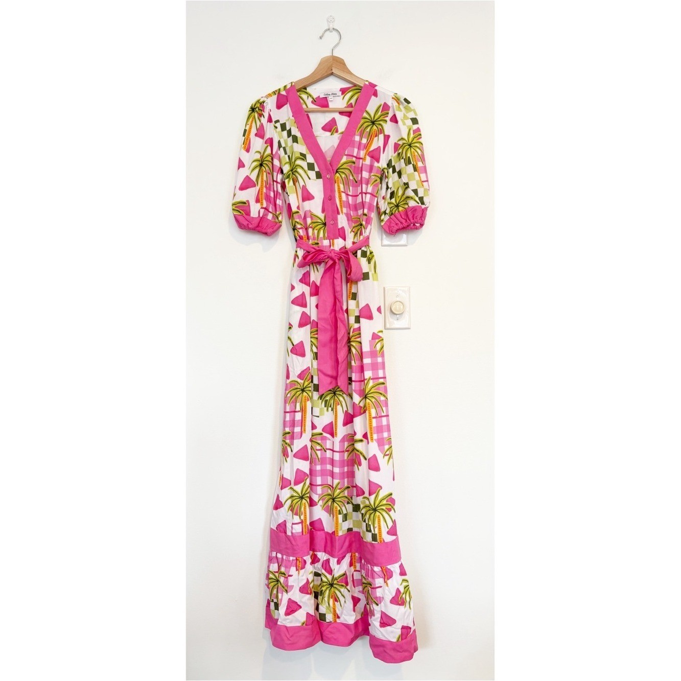 Anthropologie || Celina Moon Belted Palm Print Maxi Dress Pink XS
