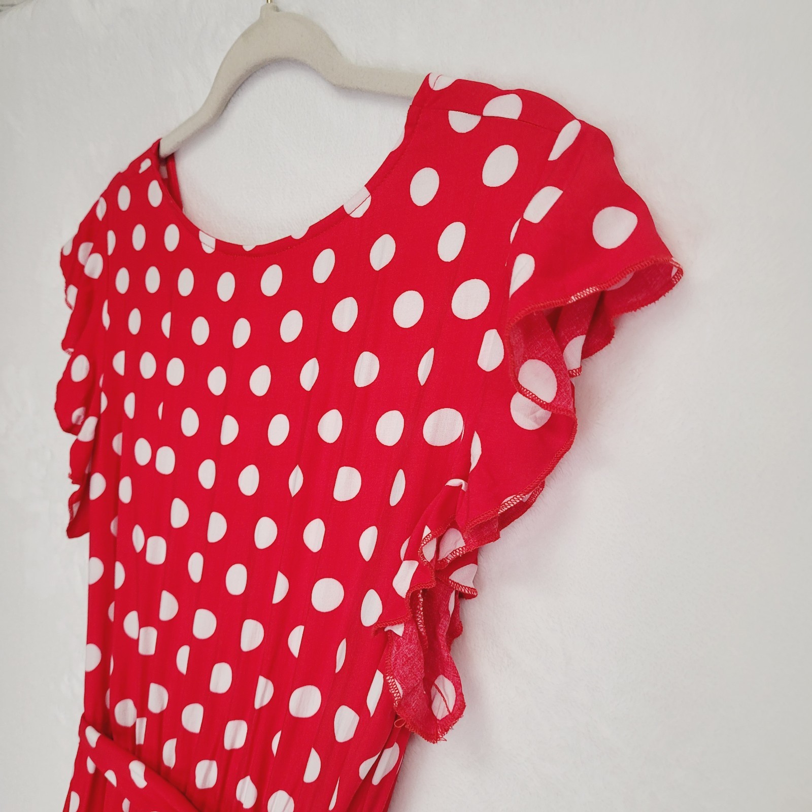 Red Polka Dot Faux Wrap Surplice Maxi Dress M Hi Low Ruffle Romantic Retro Femme