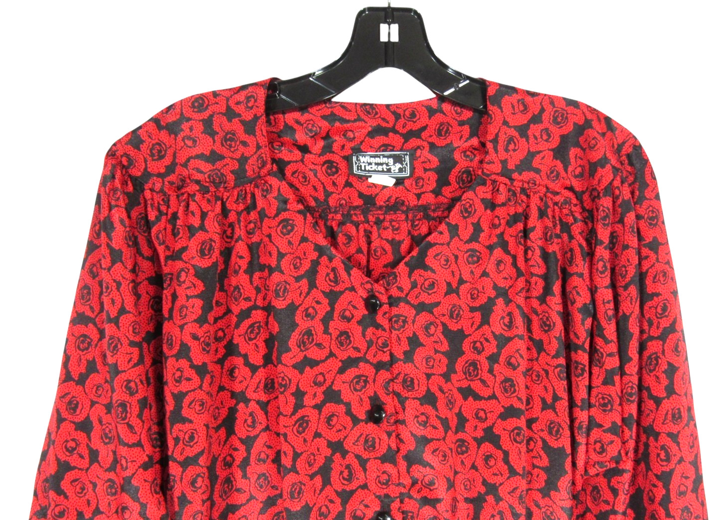 VTG WINNING TICKET Black w/RED ROSES Satin 1/4-BUTTON Belt BLOUSON DRESS Sz 14