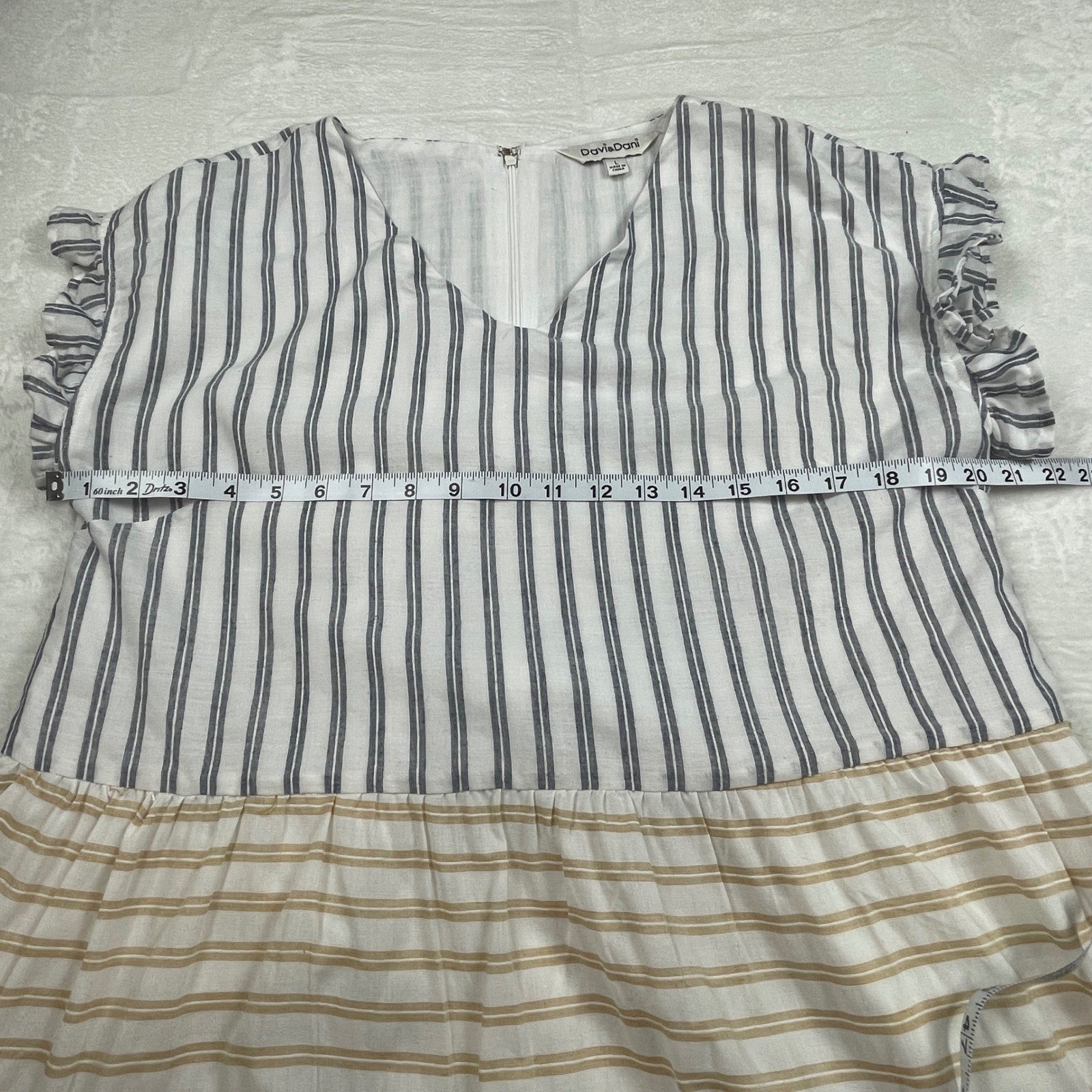 Davi & Dani Womens Striped Tiered Babydoll Dress Blue Tan Ruffle Sleeve Large