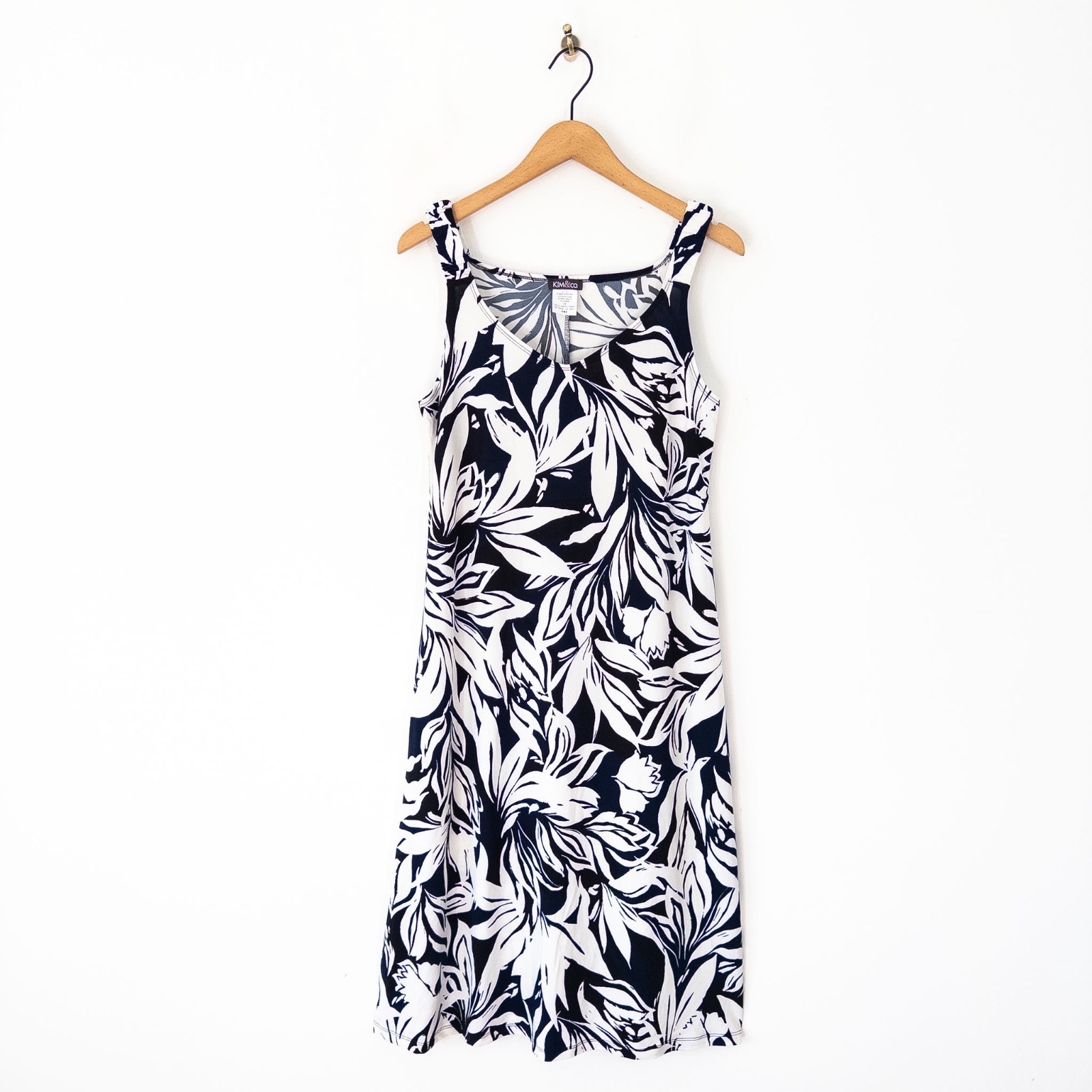 Kim & Co Brazil Jersey Midi Dress Size L Black Navy Floral Strappy Summer