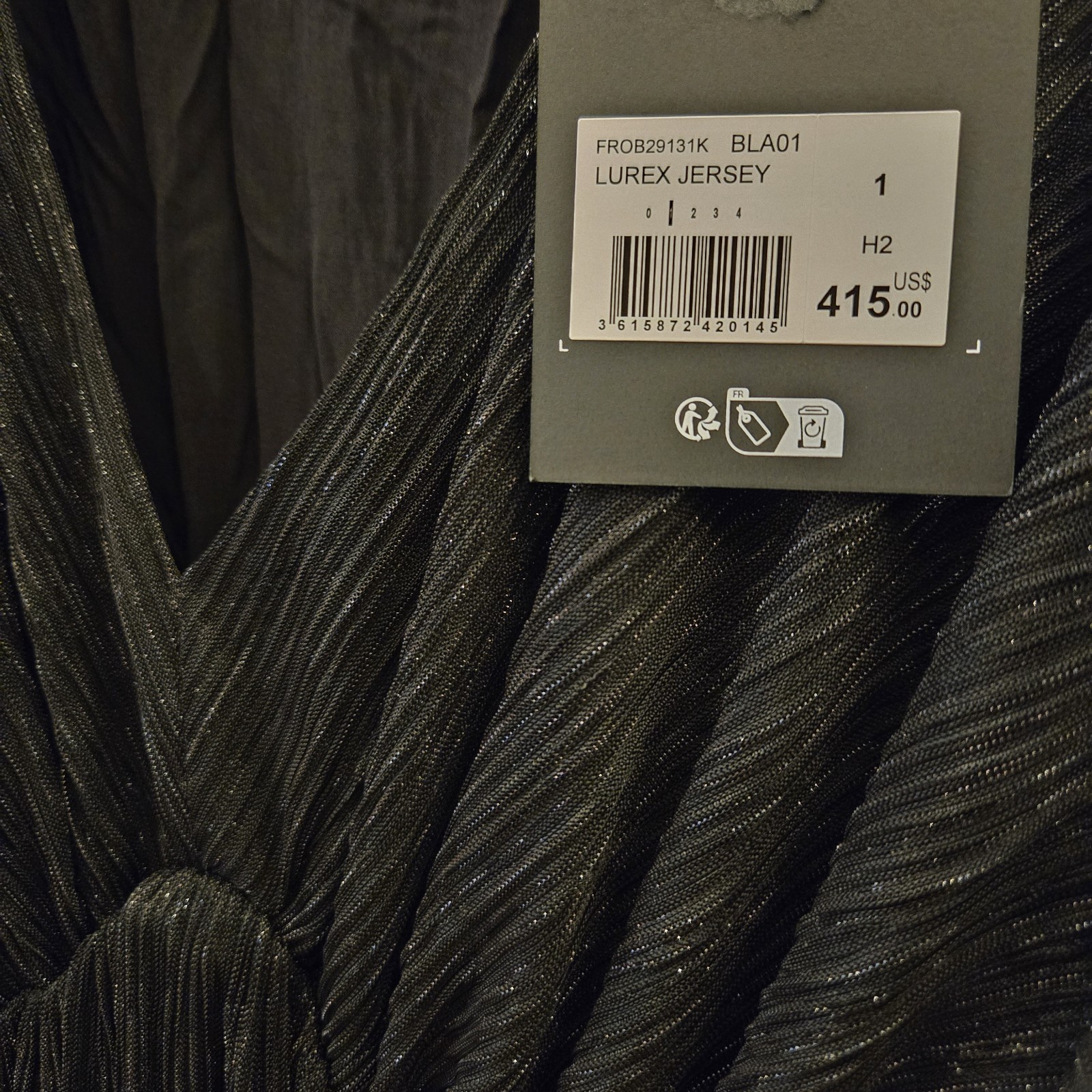 NWT The Kooples Black Lurex Jersey V-Neck Short Sleeve Pleated Maxi Dress Size 1
